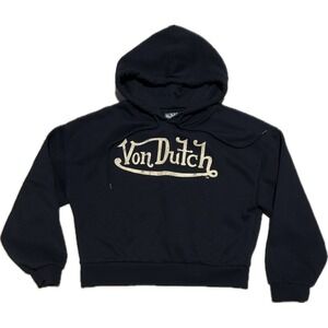 Von Dutch Womens Cropped Hoodie Black Gold Glitter Logo Pullover Sweatshirt M